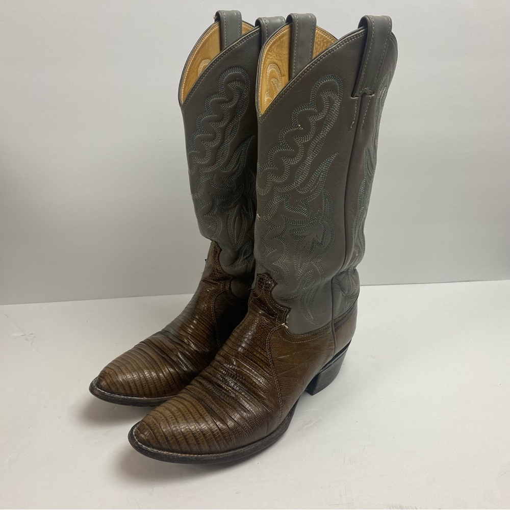 Justin Boots Vintage Leather Cowboy Western Pointed Toe Gray Brown Lizard 7.5